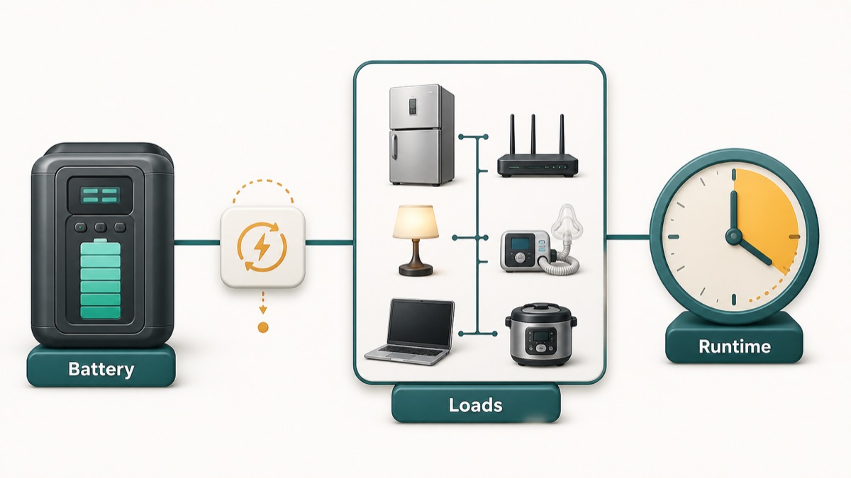 Runtime load map for refrigerator, router, CPAP, laptop, and small appliances