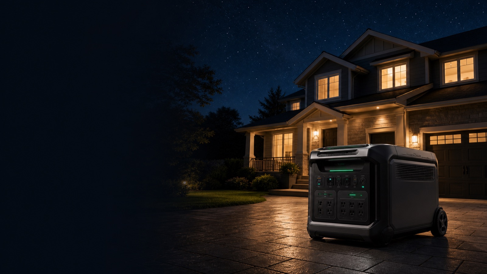 A home at night with a generic portable power station ready for backup power